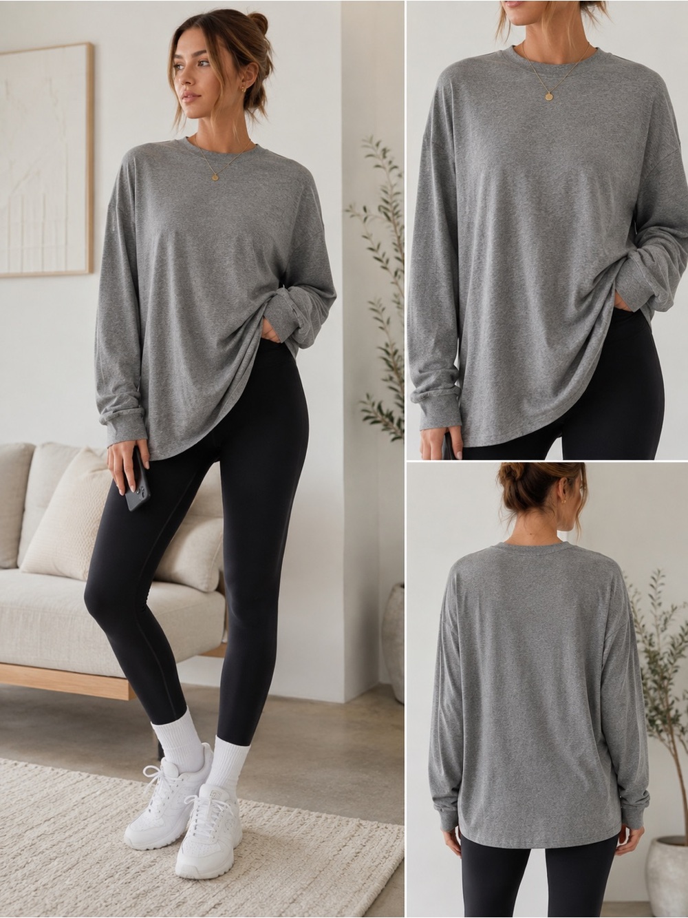 Heather Gray Oversized Long Sleeve Crewneck Tee Drop Shoulder Recycled Cotton